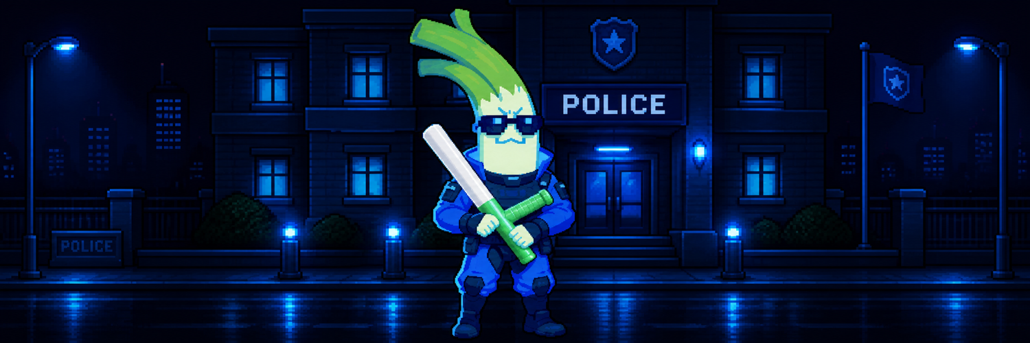 Batonleek standing on patrol in front of a neon-lit police station