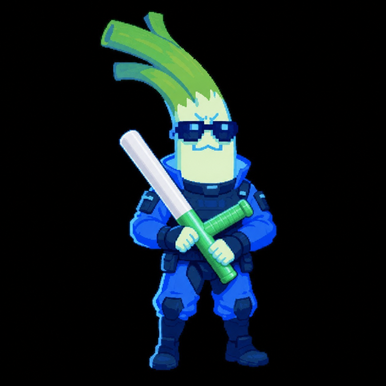 Batonleek, a leek in blue riot police armor holding a baton