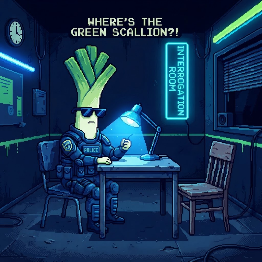 Batonleek interrogating an empty chair under a bright lamp