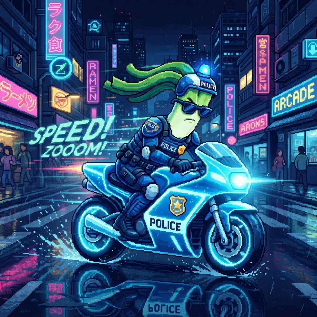 Batonleek riding a neon police motorcycle down a wet city street