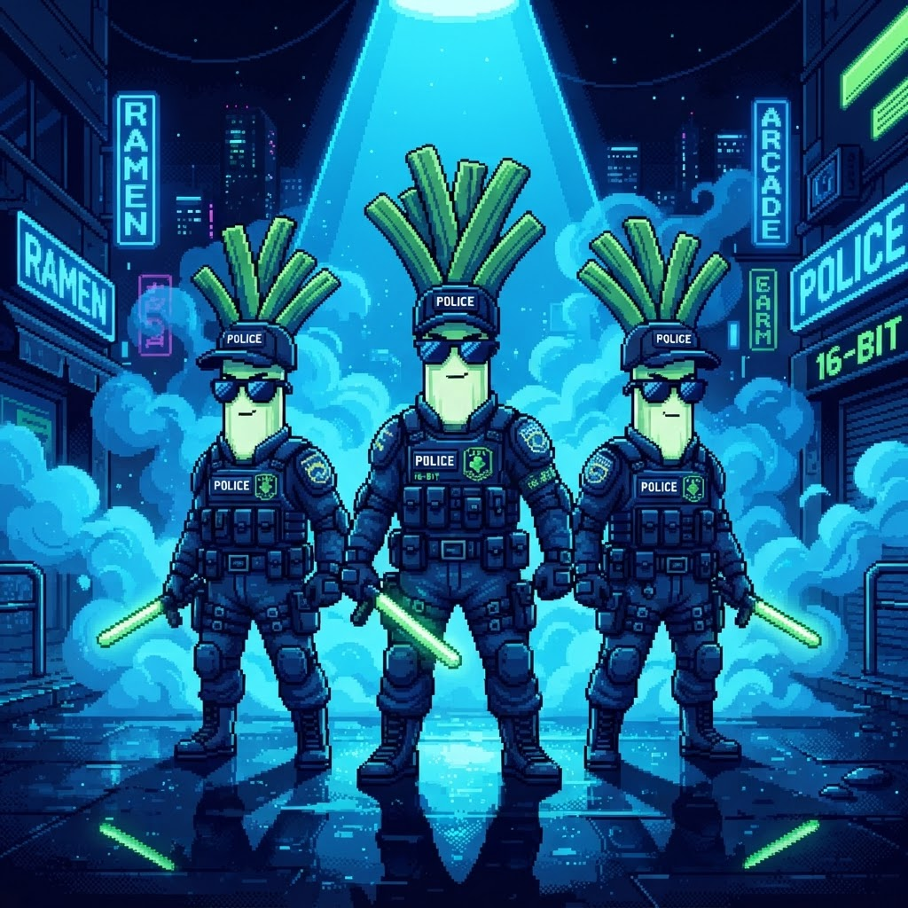 Three Batonleek officers lined up under a spotlight